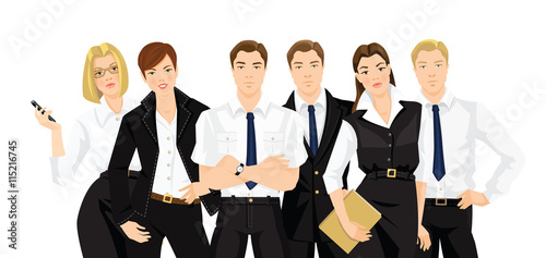 Vector illustration of teamwork. Man and woman in formal black clothes isolated on white background. 