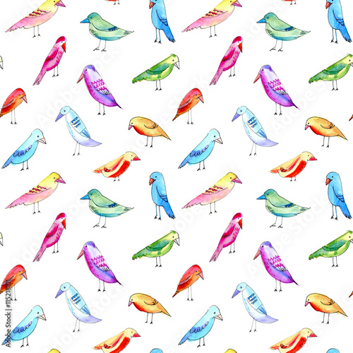 Seamless pattern with colorful bird. Watercolor hand drawn illustration.White background.Black contour.