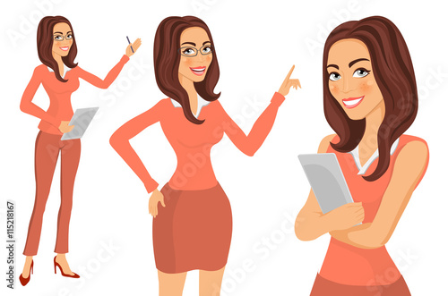 Three different full body illustration of beautiful brunette businesswoman with glasses posing making gestures