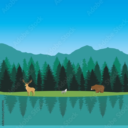 Morning in beautiful mountains lake with bear, wolf and deer