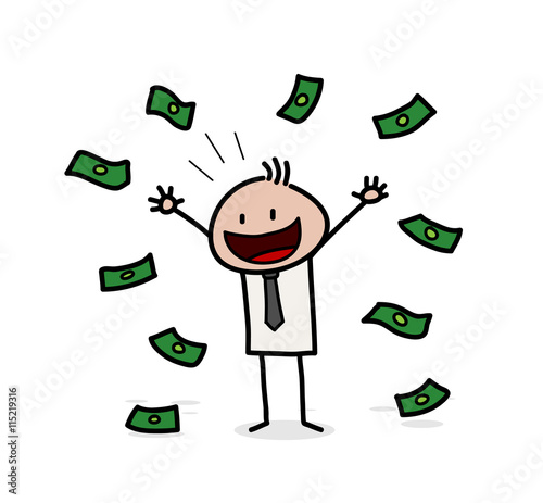 Rich and Wealthy Stick Figure Businessman, a hand drawn vector illustration of a wealthy businessman with money around him.