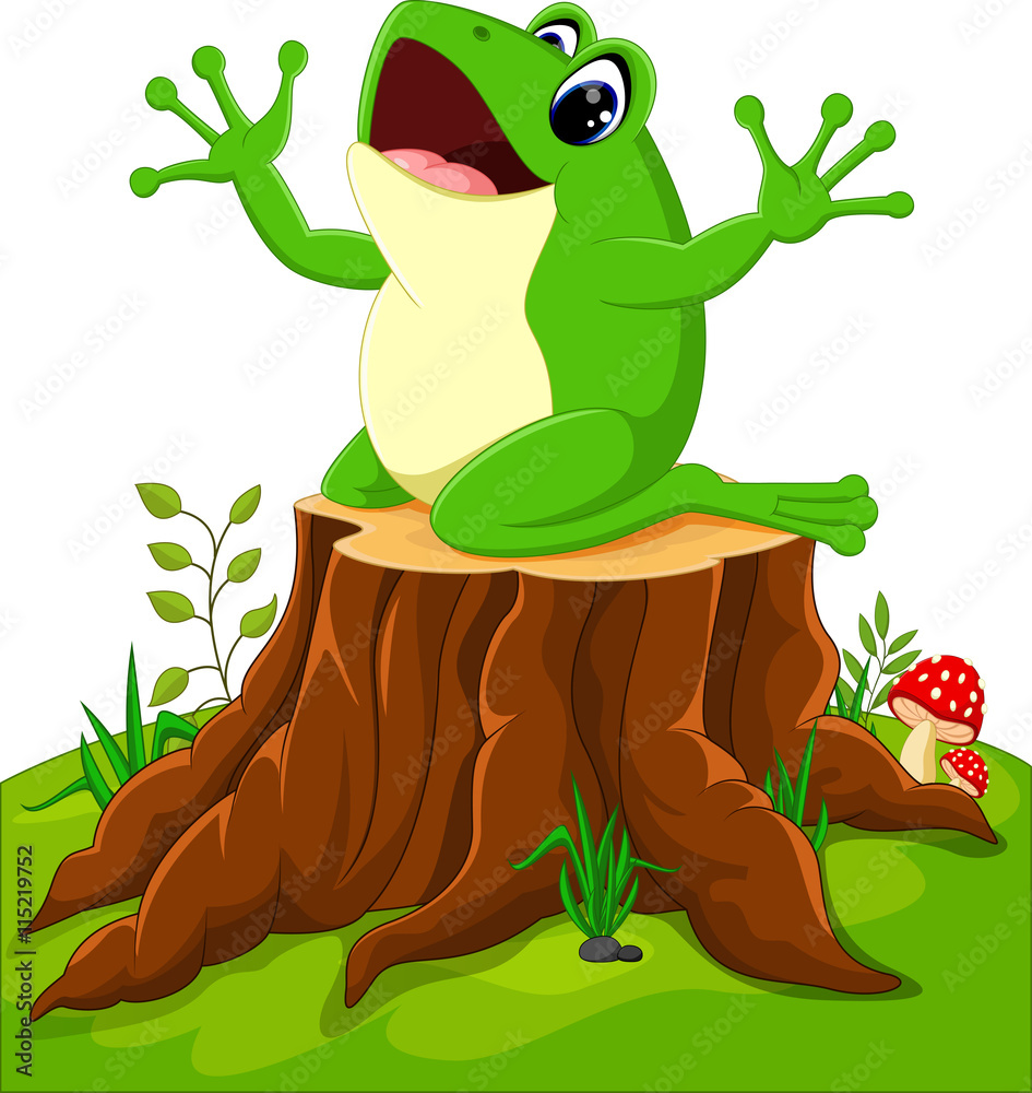 Cartoon funny frog sitting on tree stump Cartoon funny frog sitting on tree stump