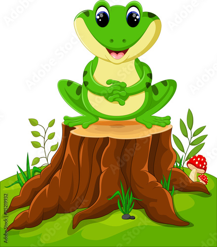 Cartoon funny frog sitting on tree stump