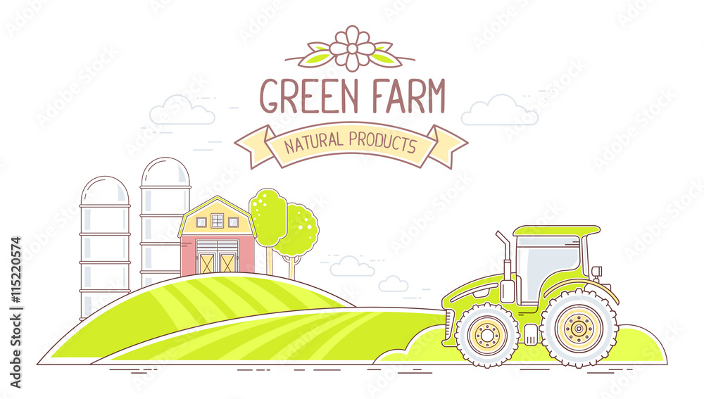 Agribusiness. Vector illustration of colorful green farm life wi