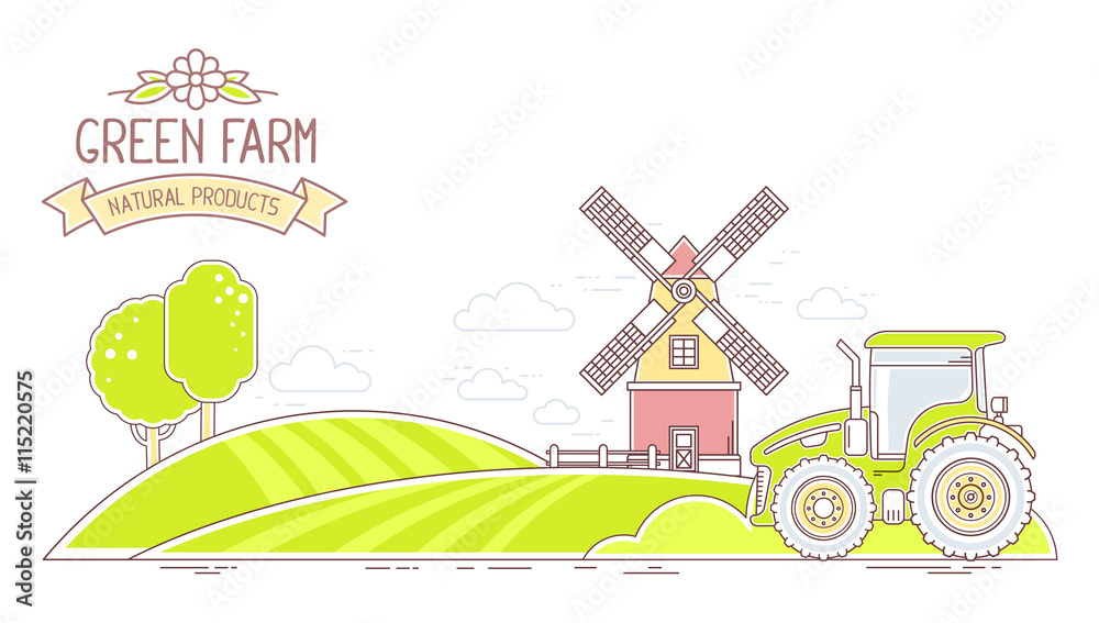 Naklejka premium Agribusiness.Vector illustration of colorful green farm life wit