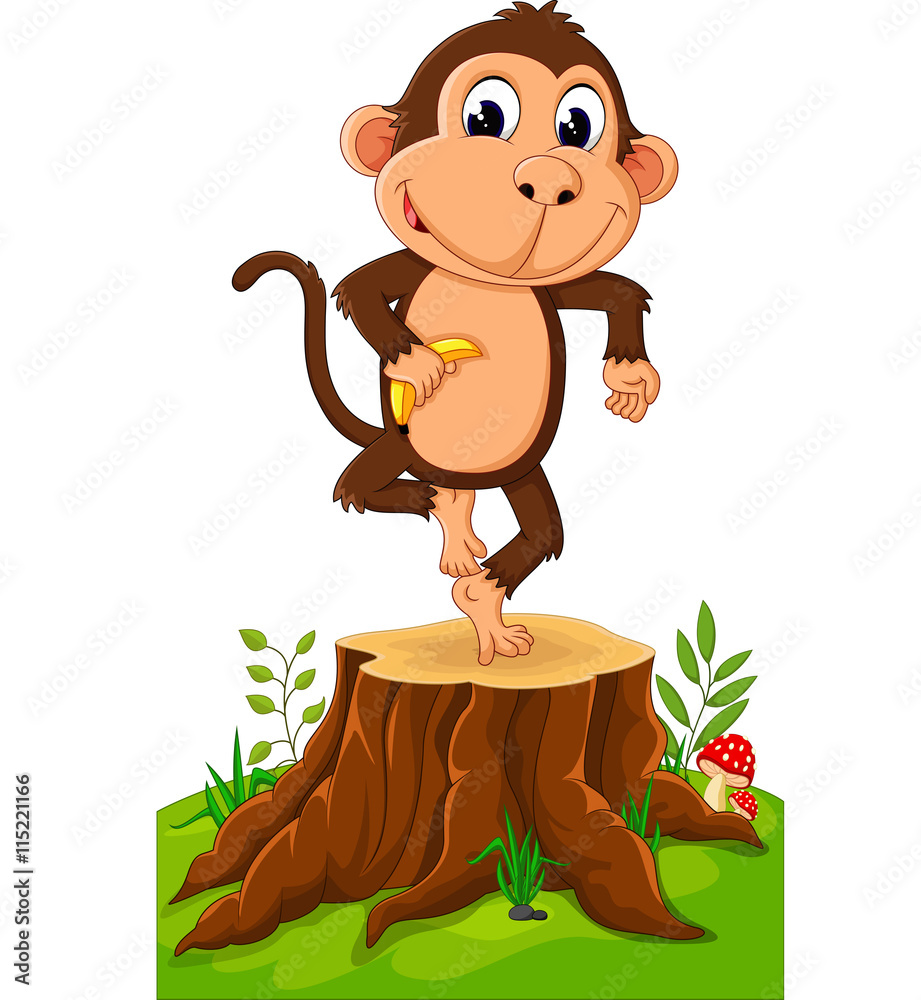 Cartoon funny monkey holding banana on tree stump Stock Vector | Adobe Stock