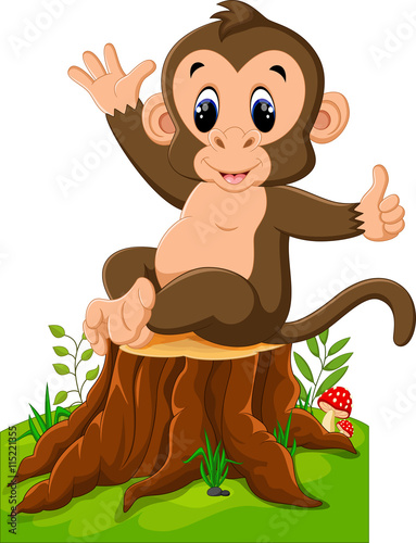 Cartoon illustration monkey playing in the forest