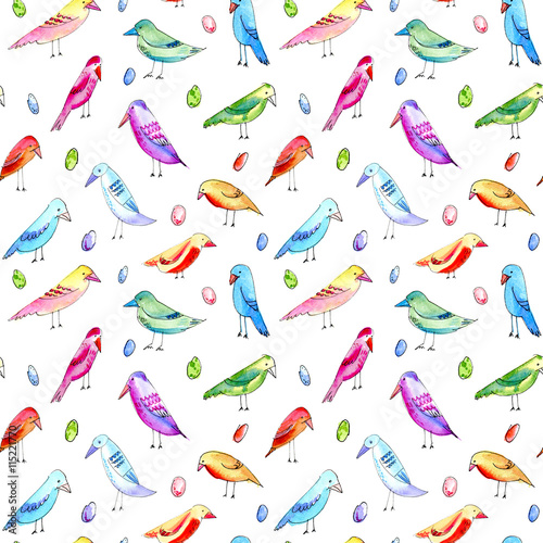 Seamless pattern with colorful birds and eggs. Watercolor hand drawn illustration.White background.Black contour.