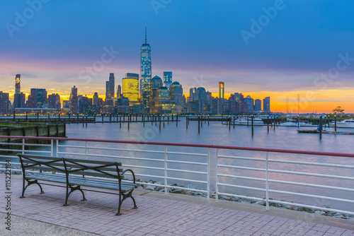 New York skyline of Manhattan, Lower Manhattan and World Trade Center, Freedom Tower across Hudson River from Harismus Cover, Newport, New Jersey