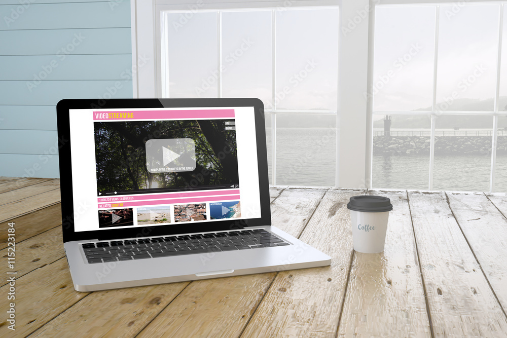 Fototapeta premium laptop with video streaming on screen with port background and c