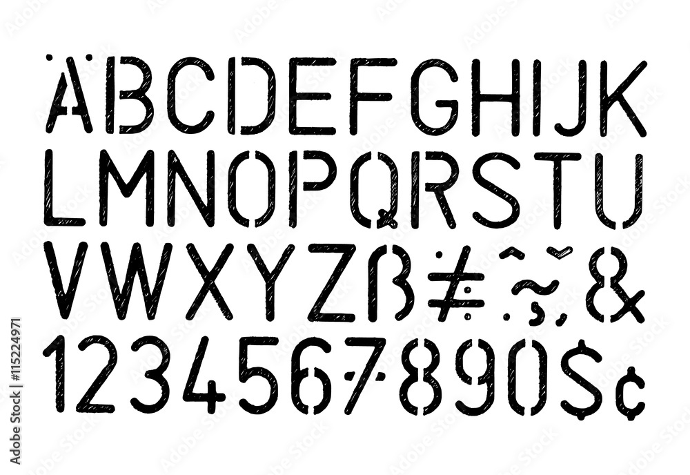 Black vector grunge stencil alphabet and numbers on white background Black vector grunge stencil alphabet and numbers on white background