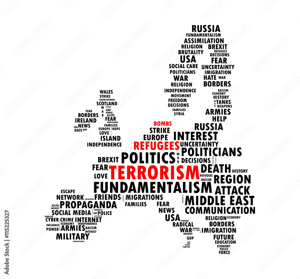 Words collage, shaped like the map of European continent, with words bombs, refugees and terrorism highlighted in red