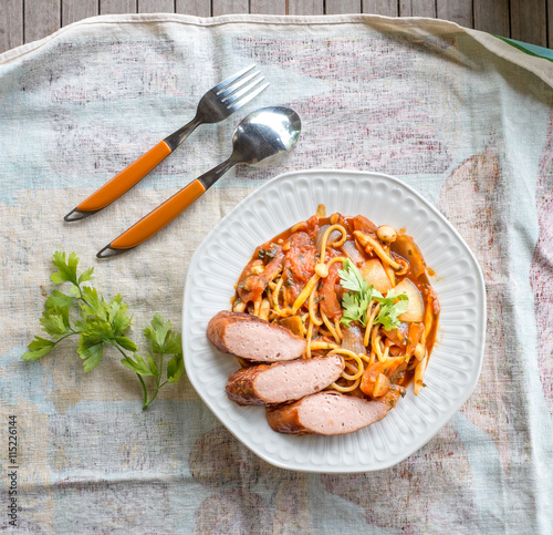 Spaghetti with pork sausage photo