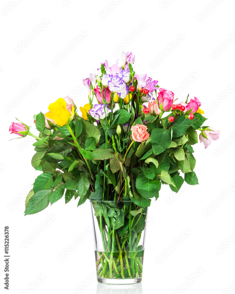 Bouquet of flowers in the vase on white background