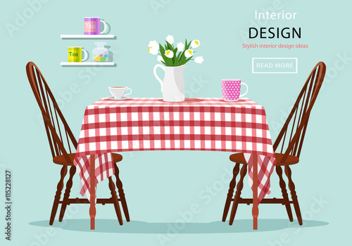 Modern graphic vector concept of dining table with chairs, cups and flowers. Kitchen and cafe interior design. Flat style vector illustration. Table with red and white checked cloth.