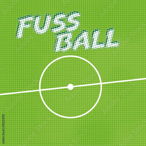 Abtrakter und gerasterter Hintergrund mit angedeuteter Mittellinie und Anstoßpunkt sowie dem Wort Soccer. Symbol für den Team- und Freizeitsport Fußball.