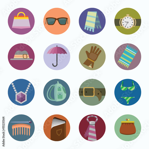 Accessories colorful icons set. Flat design.