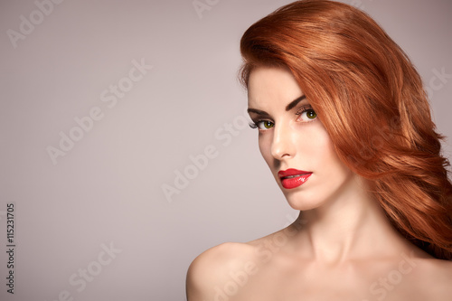 Fashion Natural Makeup. Beauty portrait nude woman. Redhead Model sexy girl, Hairstyle, Makeup. Shiny wavy hair, long Eyelashes, Perfect skin. Skincare Spa concept. Creative unusual look. Face closeup