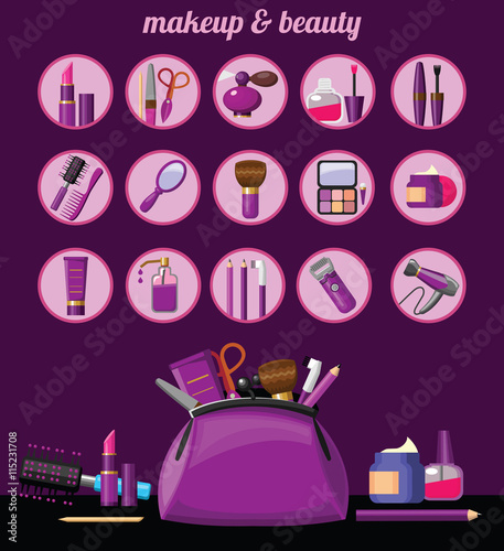Beauty, makeup icons and Makeup bag with beautician tools.