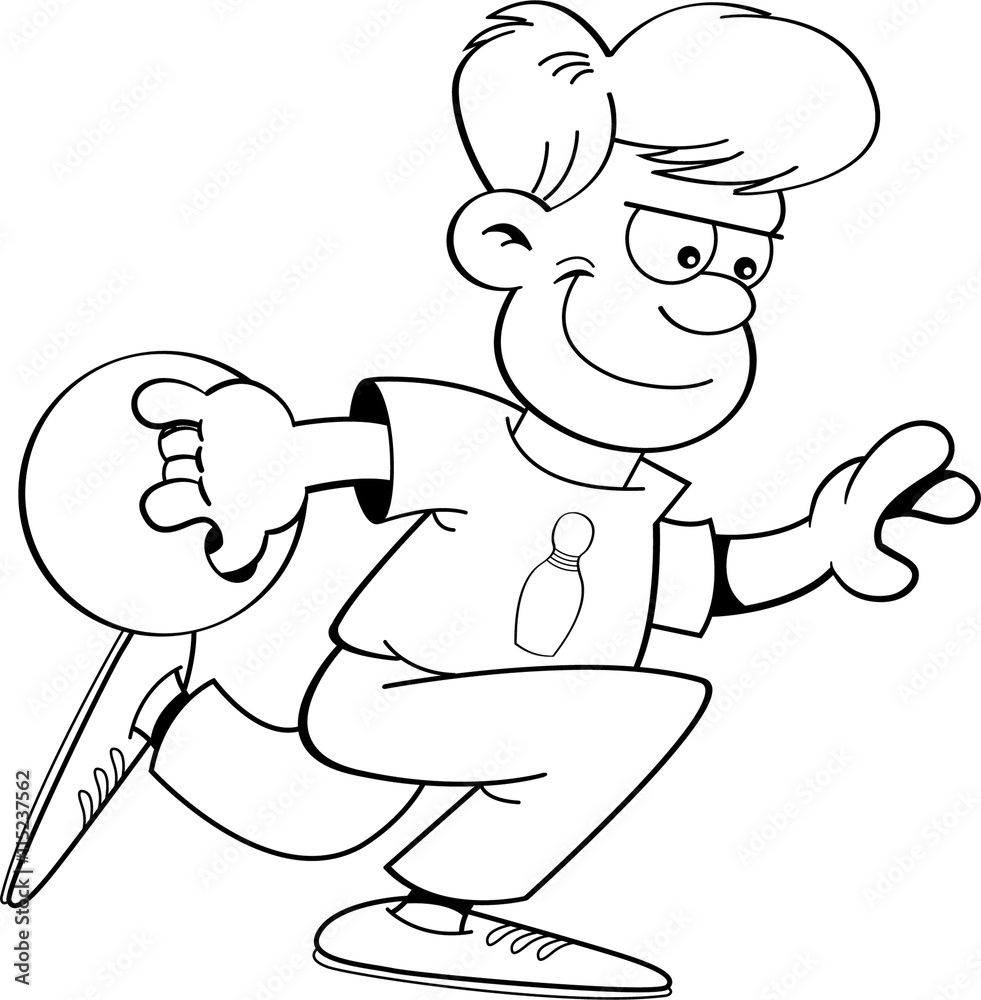 Black and white illustration of a boy throwing a bowling ball Black and white illustration of a boy throwing a bowling ball