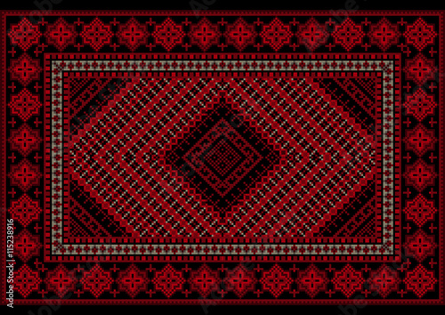 Luxurious vintage  rug in red shades with original pattern in the middle