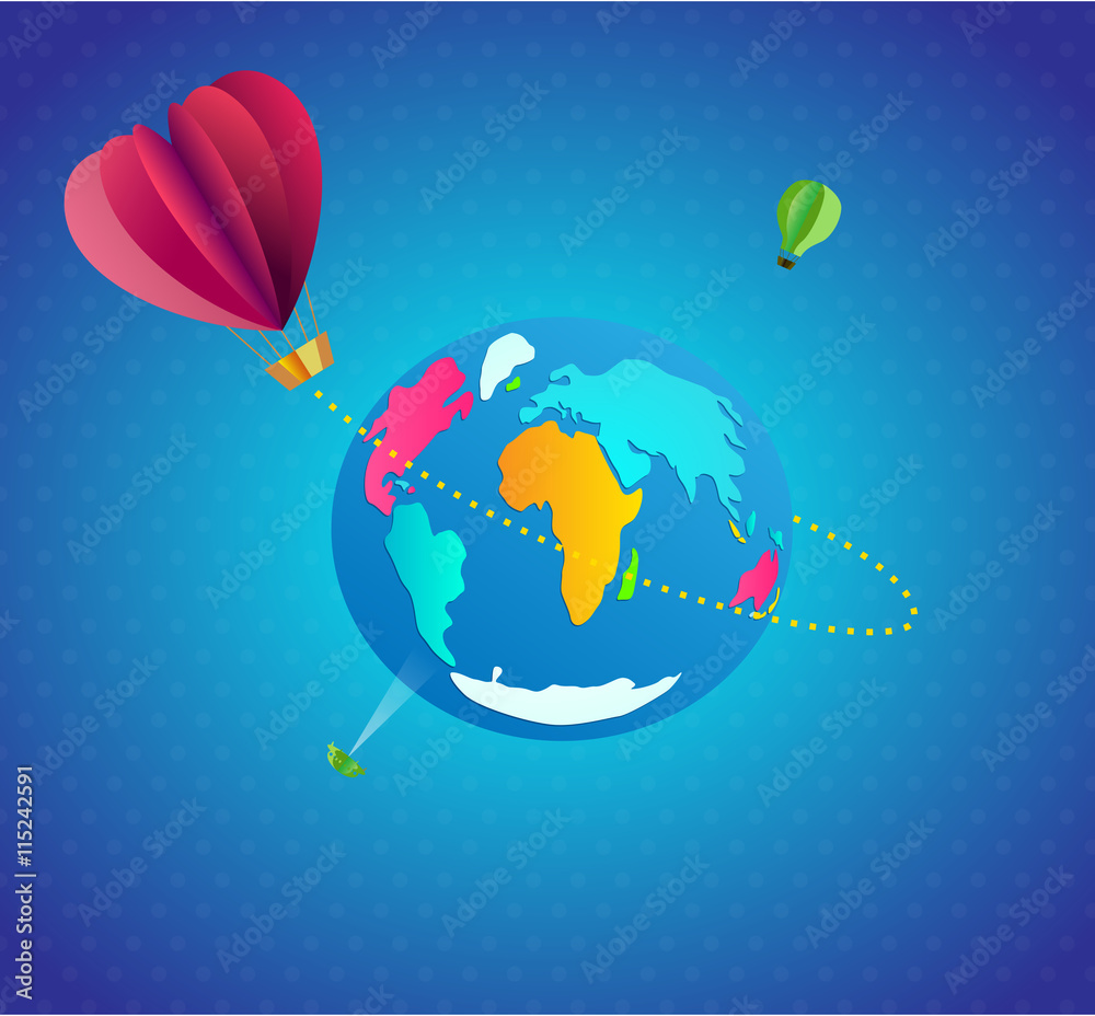 Naklejka premium Paper folded travel illustration. Hot air balloon in a shape of a heart flies around the globe. There are also small UFO and other balloon.