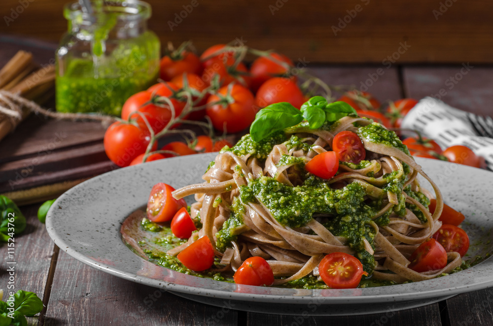 Pasta with basil pesto and parmesan