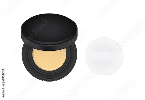 Makeup powder brown color in black powder case which opened and powder puff with ribbon.