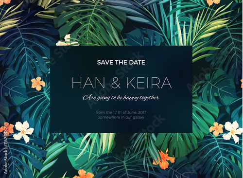 Wedding invitation or card design with exotic tropical flowers and leaves