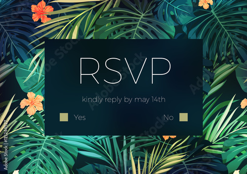 Wedding invitation or card design with exotic tropical flowers and leaves