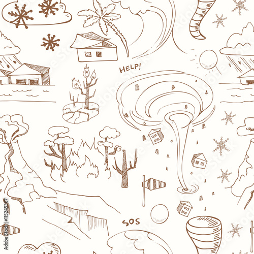 Seamless pattern with doodle sketch Natural disasters