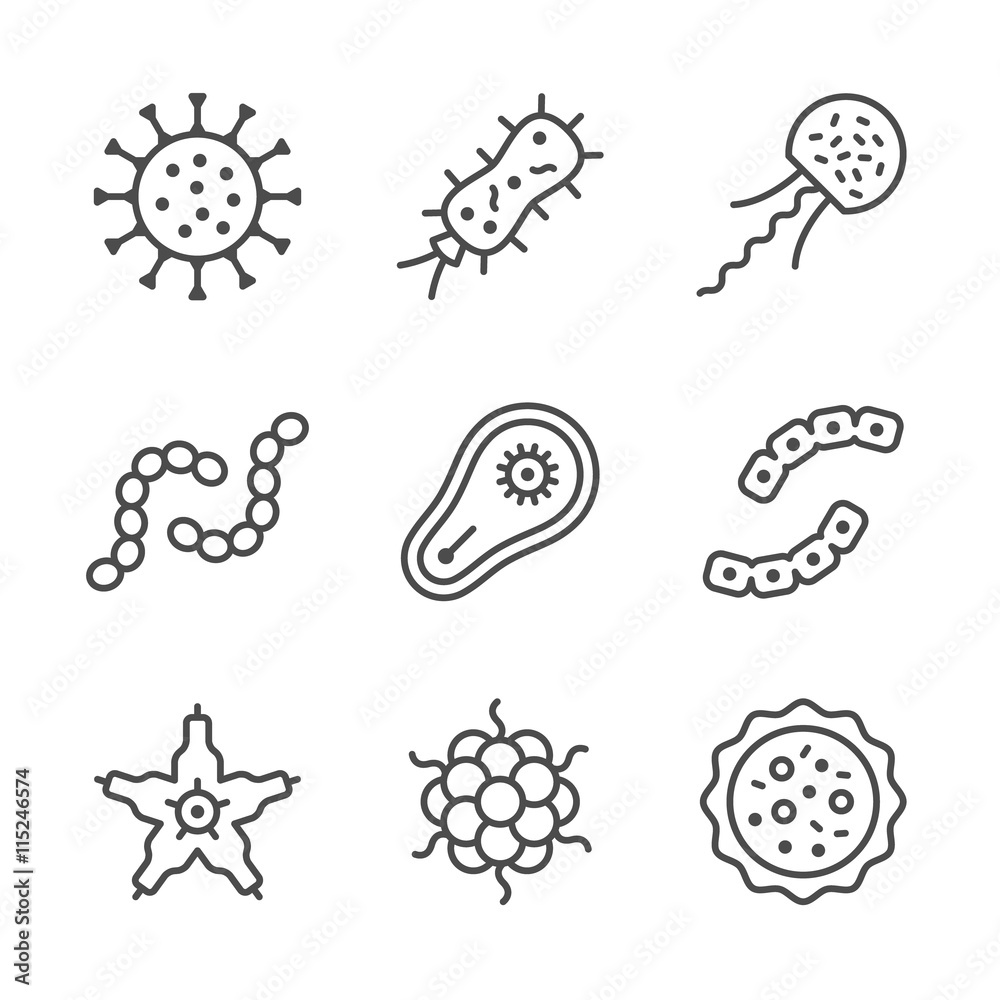 Set line icons of microbe and bacterium Set line icons of microbe and bacterium