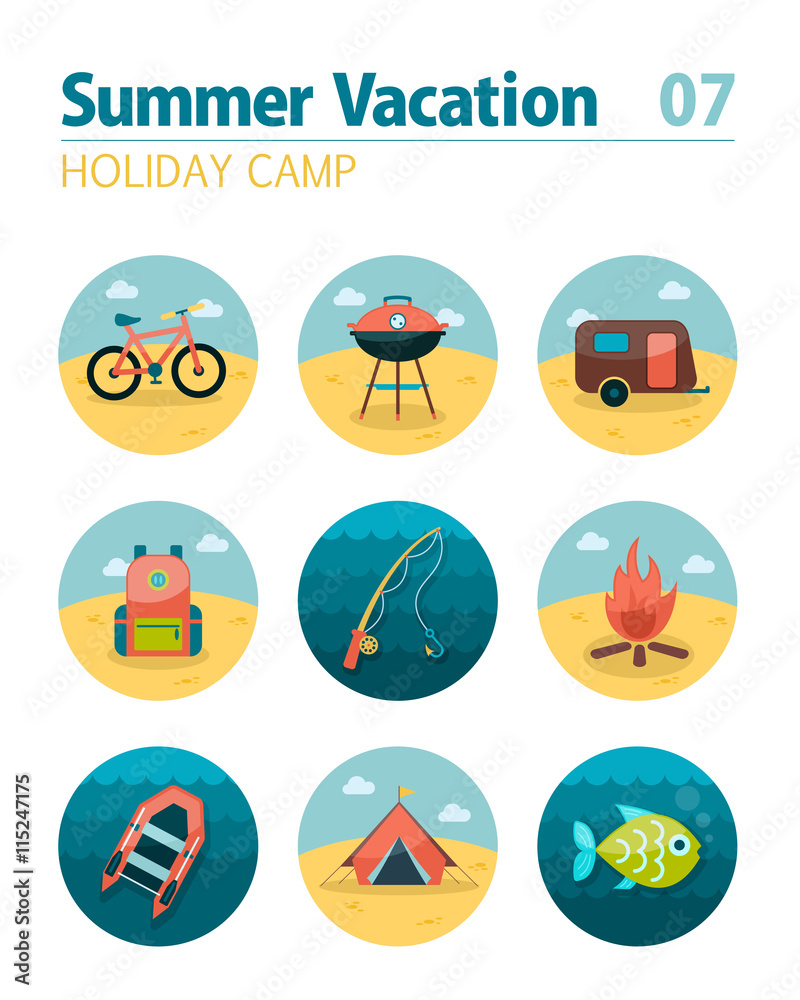 Summer camping icon set. Holiday