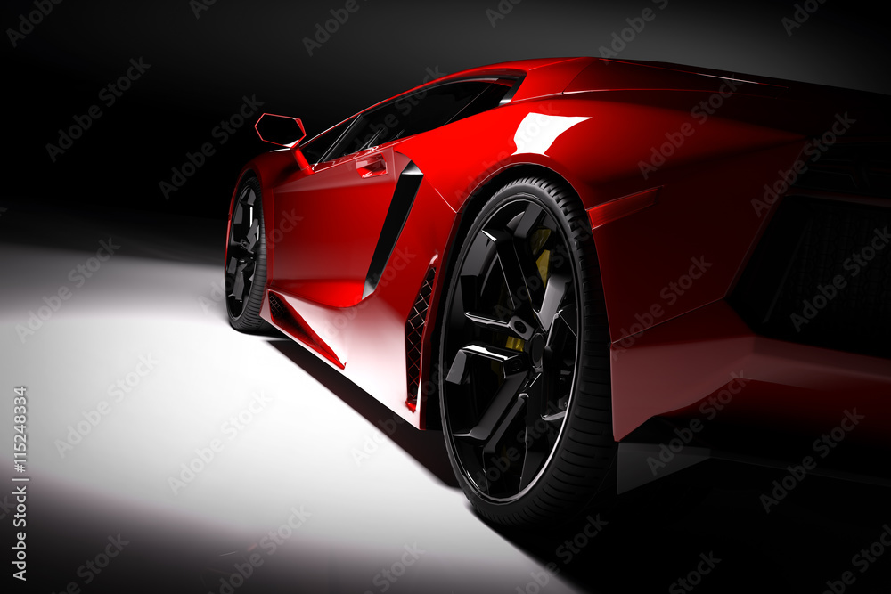 Naklejka premium Czerwony szybki samochód sportowy w centrum uwagi, czarne tło. Błyszczące, nowe, luksusowe.