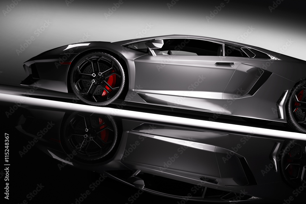 Grey fast sports car in spotlight, black background. Shiny, new, luxurious.