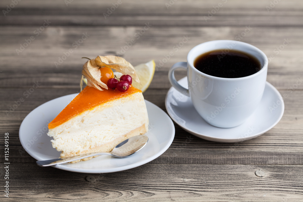 sweet cake with cup of tea on wooden table sweet cake with cup of tea on wooden table