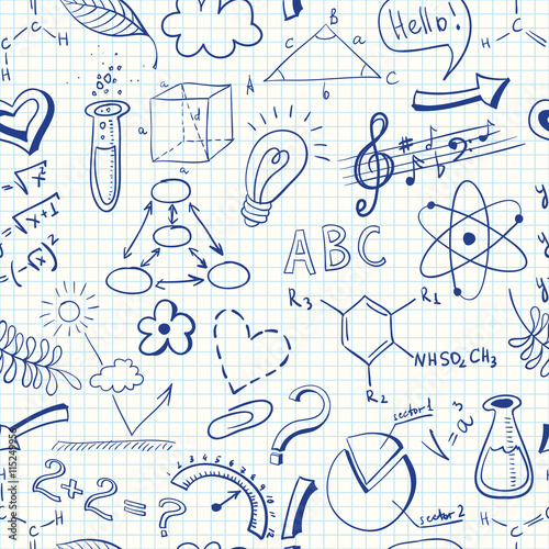 Education doodle seamless pattern with science symbols