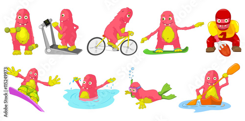 Vector set of pink monsters sport cartoon illustrations.