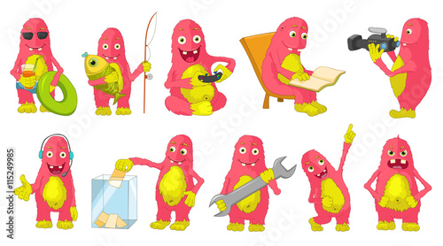 Vector set of big pink monsters cartoon illustrations.
