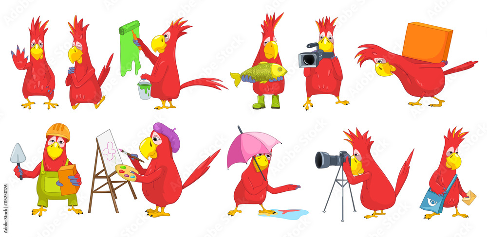 Fotografie Vector set of funny parrots illustrations.