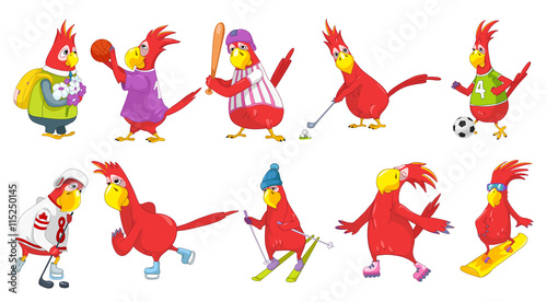 Vector set of funny parrots sport illustrations.