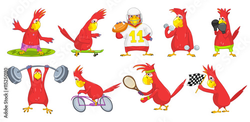 Vector set of funny parrots sport illustrations.