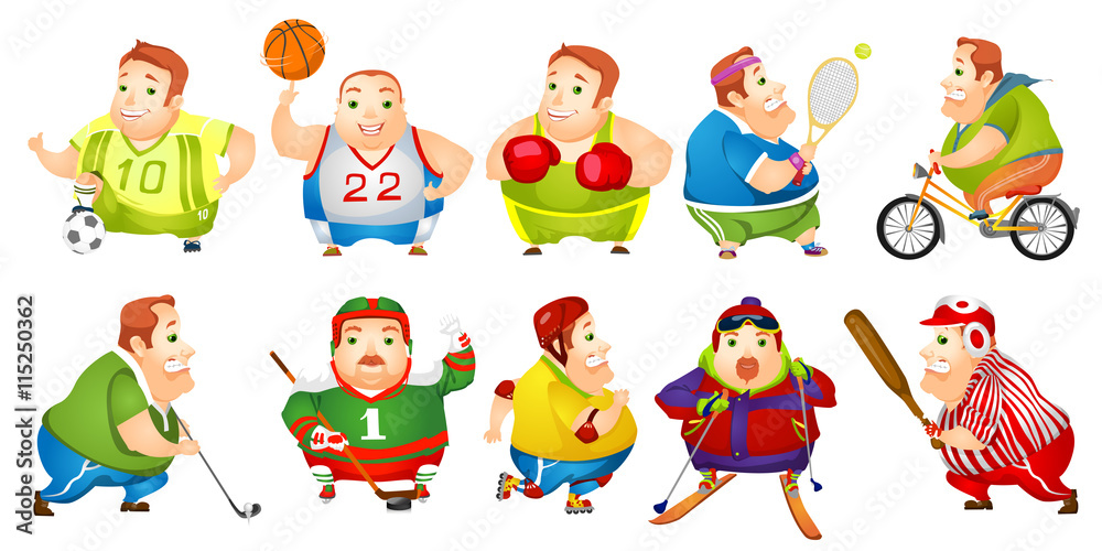 Vector set of funny fat man sport illustrations. Vector set of funny fat man sport illustrations.