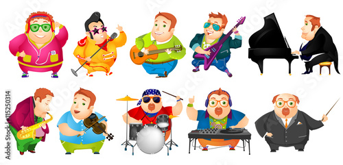 Vector set of funny fat man music illustrations.