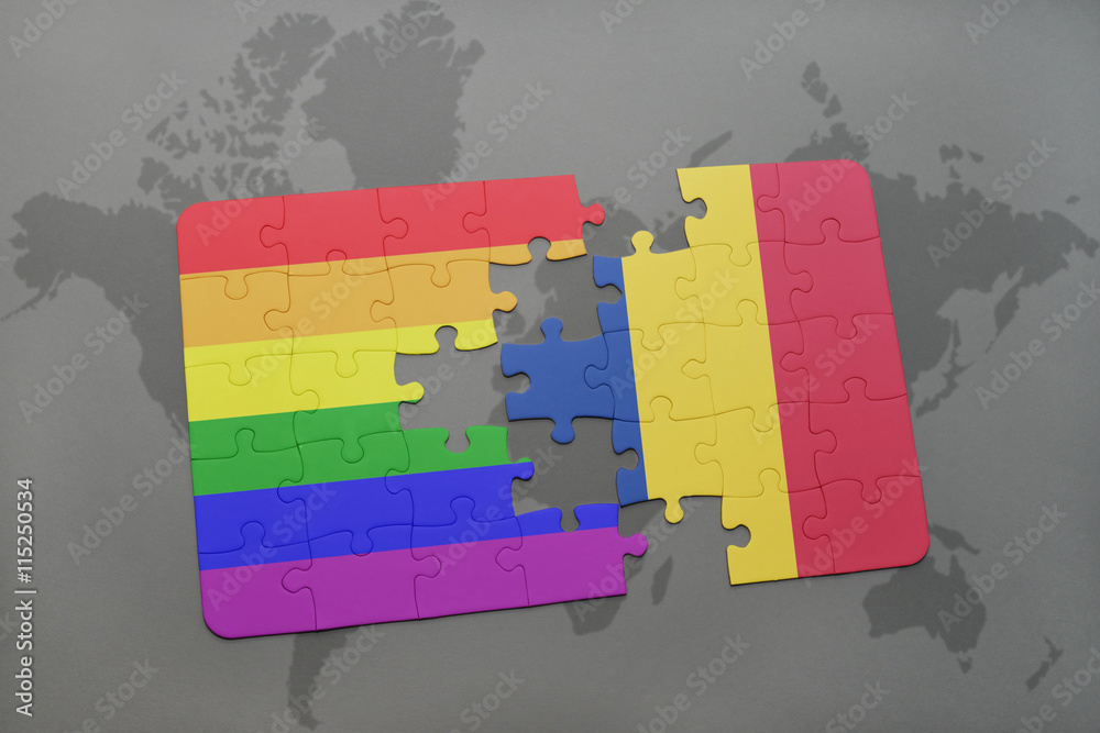 puzzle with the national flag of serbia and gay rainbow flag on a world ...