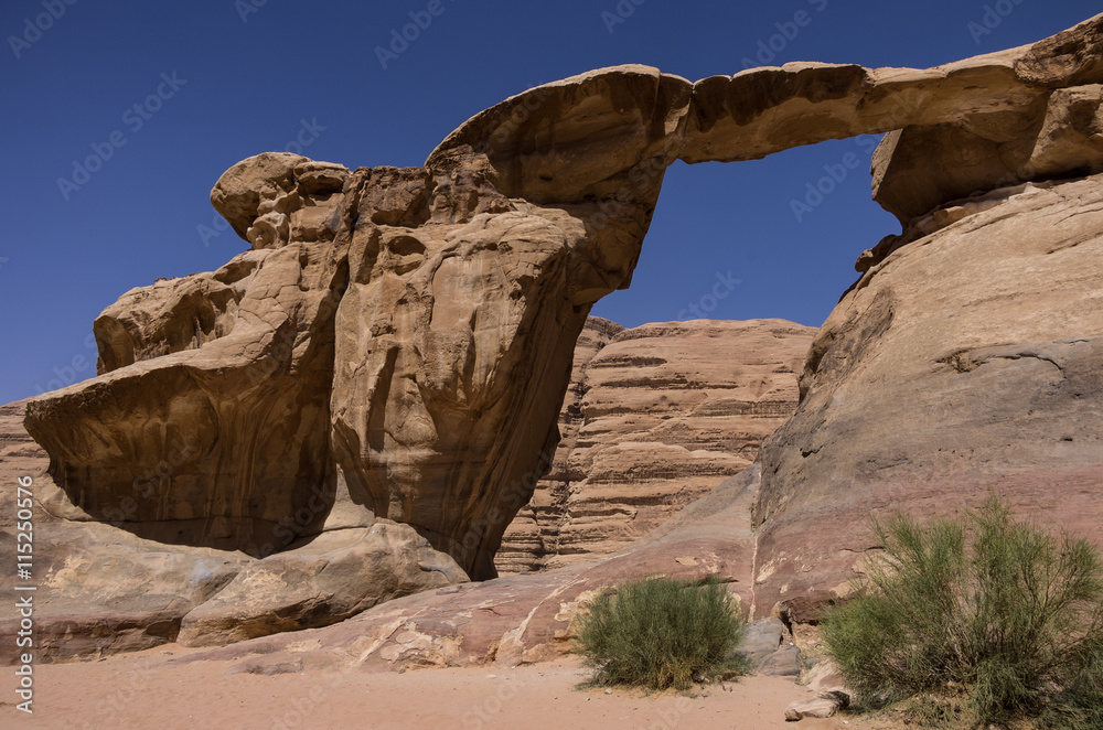Scenic view of Um Fruth rock bridge in Wadi Rum desert, Jordan.