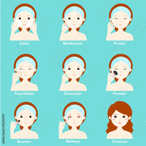 cartoon character woman show makeup step vector