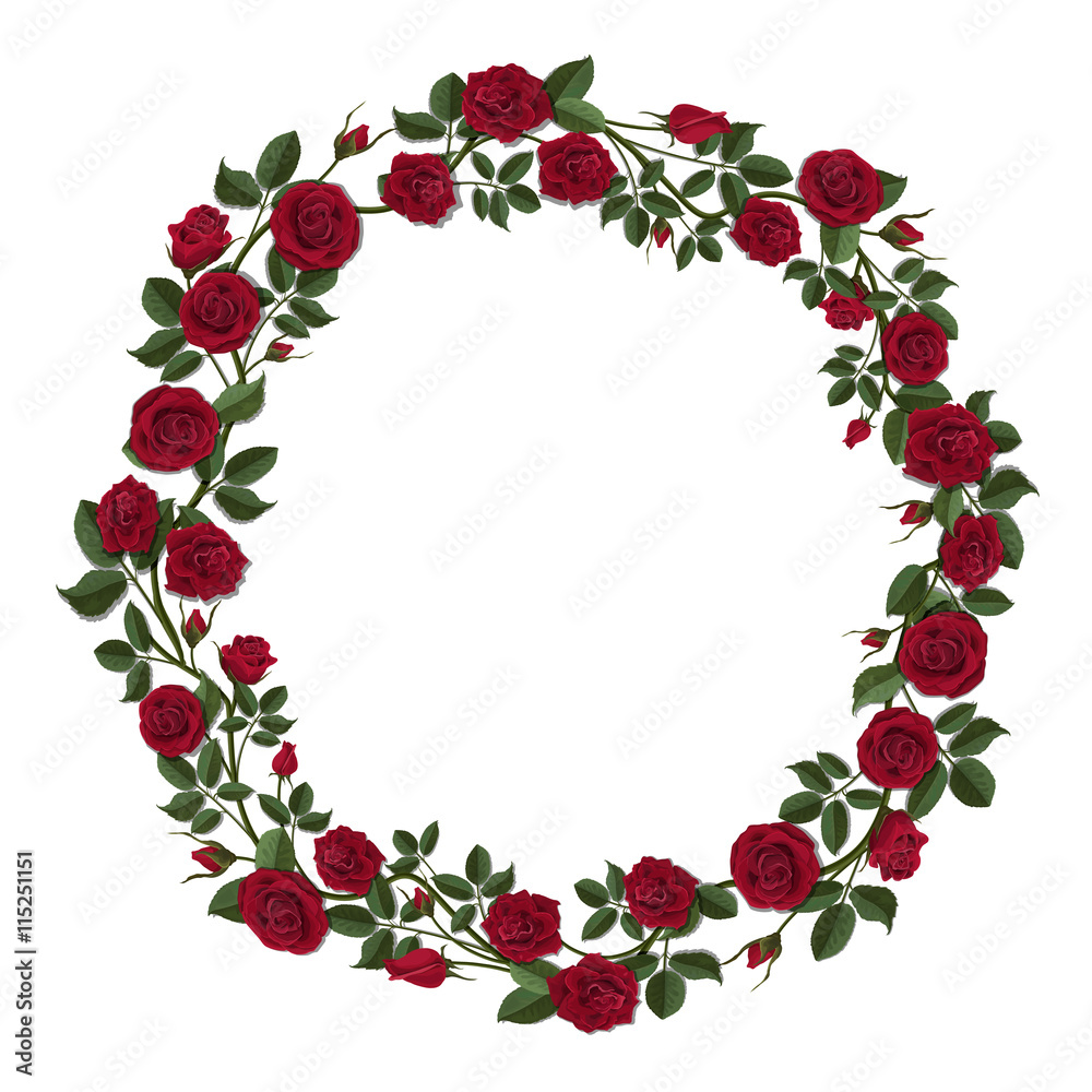 Round wreath of red roses. Floral frame of flowers and buds. Template for greeting card. Round wreath of red roses. Floral frame of flowers and buds. Template for greeting card.