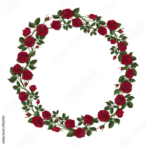 Round wreath of red roses. Floral frame of flowers and buds. Template for greeting card.