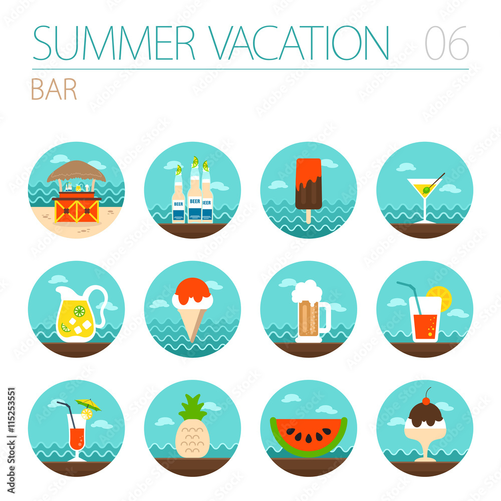 Fototapeta premium Bar beach icon set. Summer. Vacation